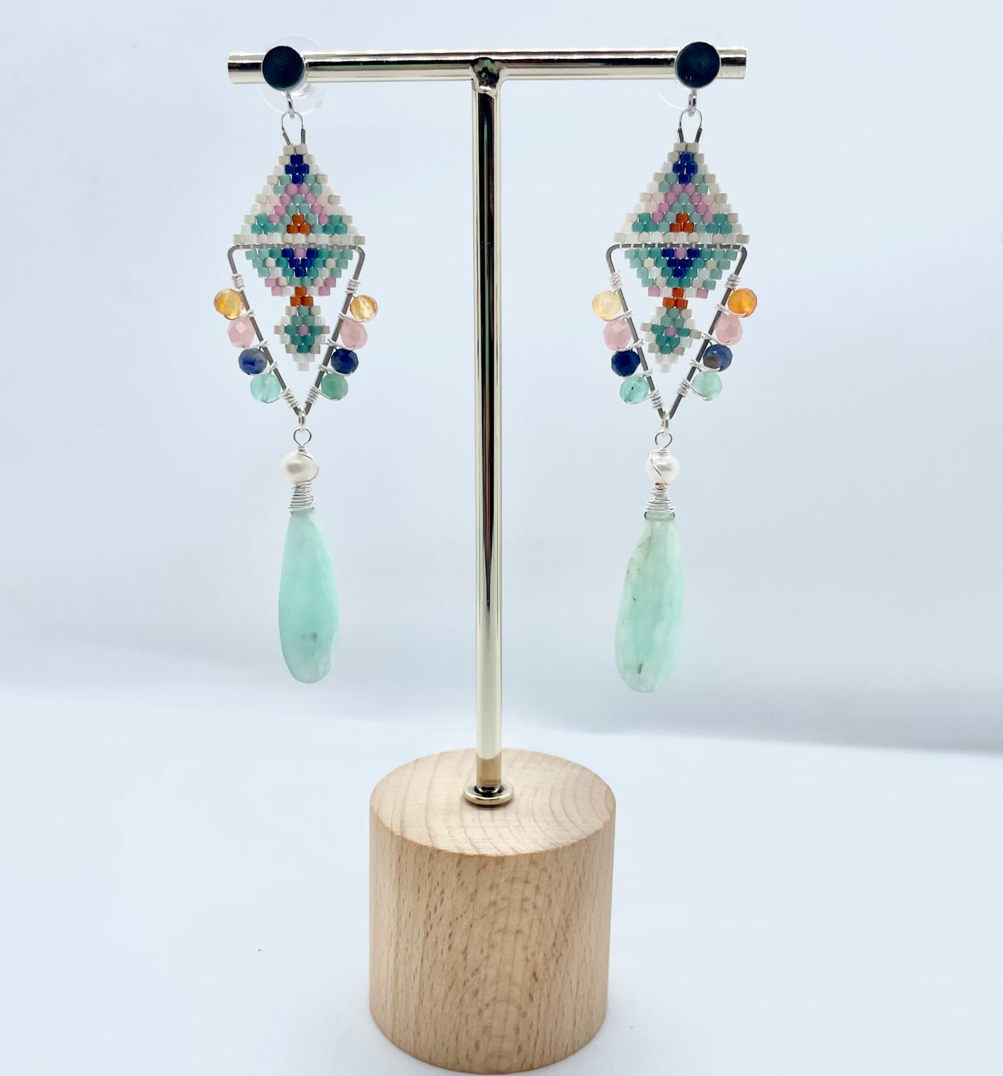 Blue Poppy Beaded Triangle earrings