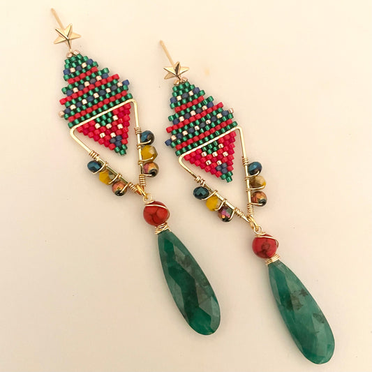 Holly Emerald Tree Beaded Earrings