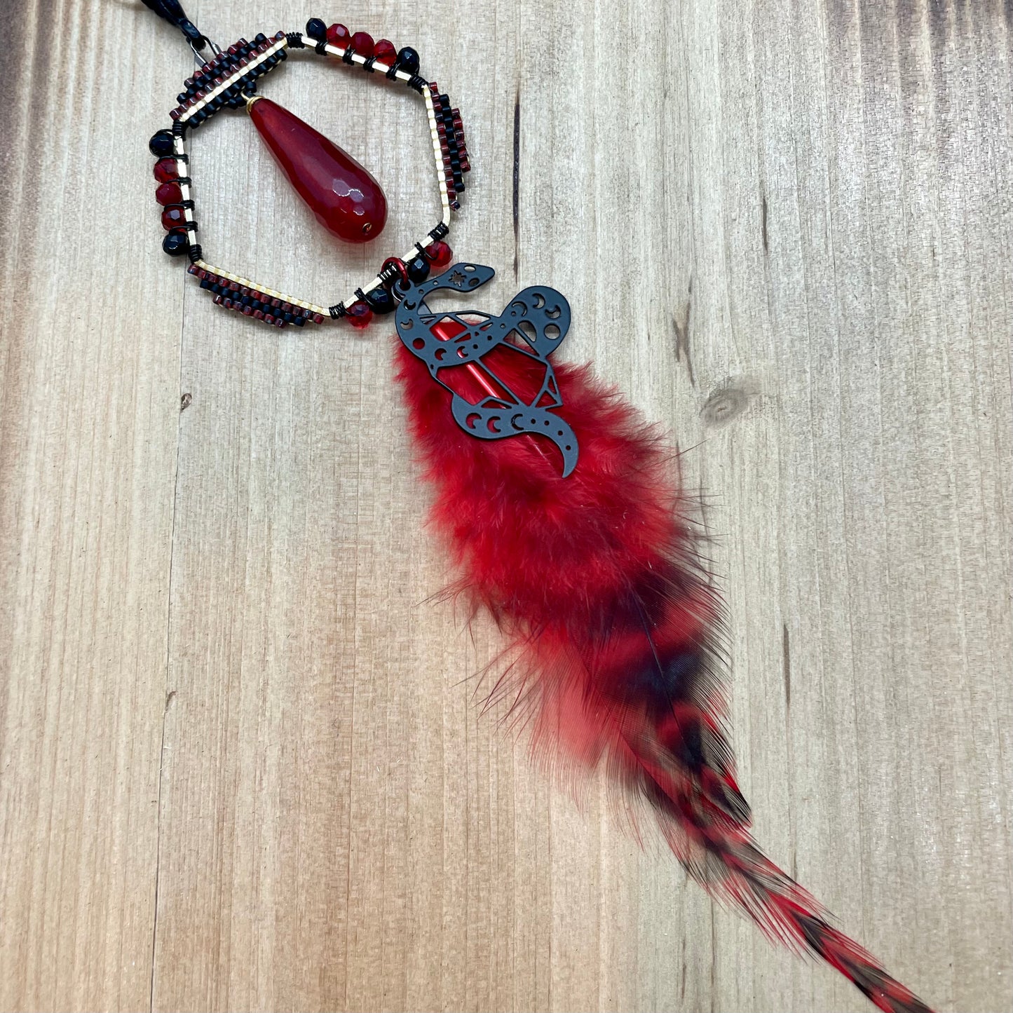 Red Feather Snake Charm Pendant necklace